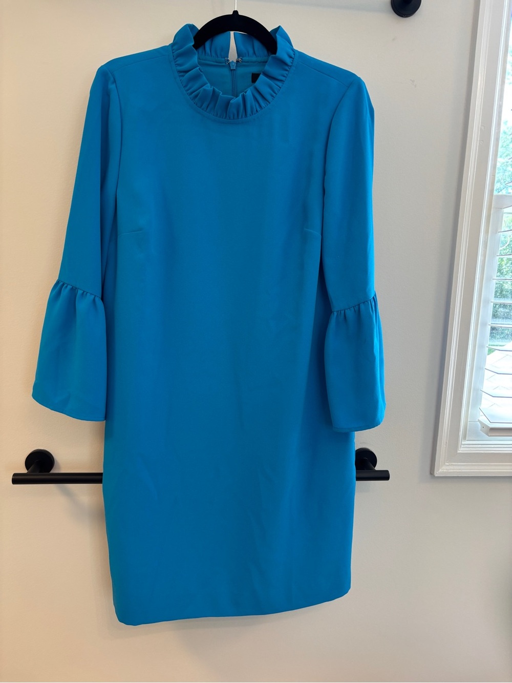 J. Crew Teal Ruffle Neck Bell Sleeve Shift Dress